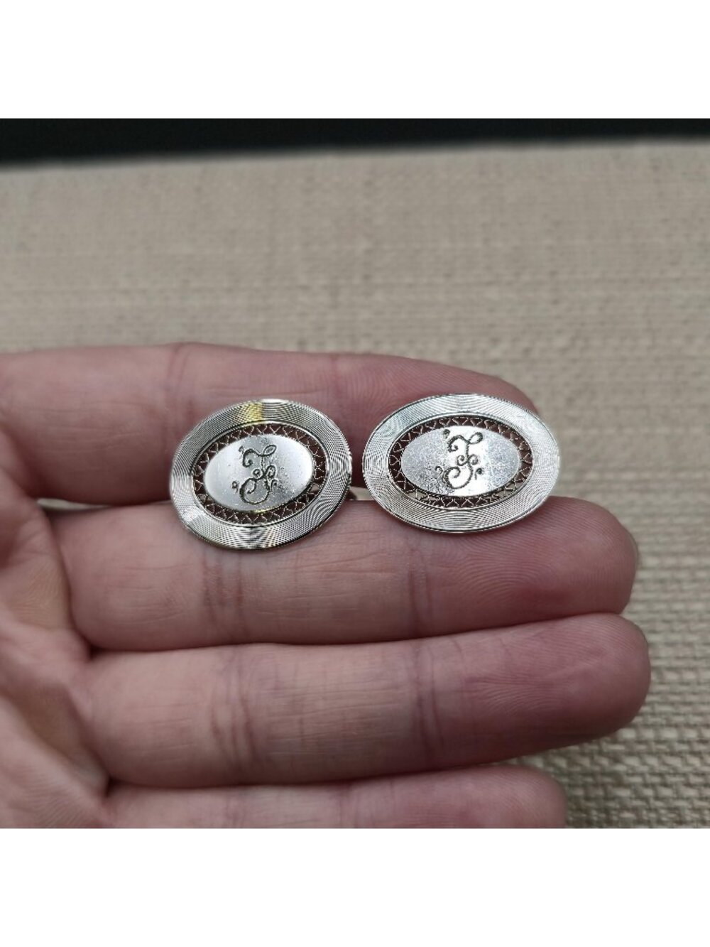 Sterling Silver Vintage Mid Century Oval Monogram Engraved Ribbon Cufflinks A893